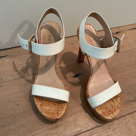 Stuart Weitzman Alesha Platform White Patent Leather/ Cork Sandal Size 7 - Picture 2 of 13